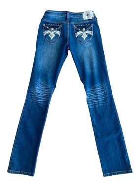 Pepe jeans low rise flap pockets crystal, embroidery& studded blue denim size 27